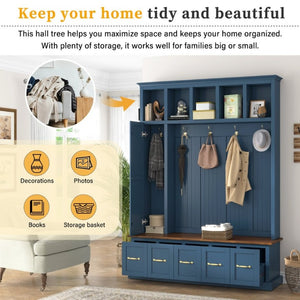 English Elm U-Can White MDF Entryway Hall Tree with Gold Hardware Bench Hooks and Drawer Storage Navy Blue SJ000163AAN