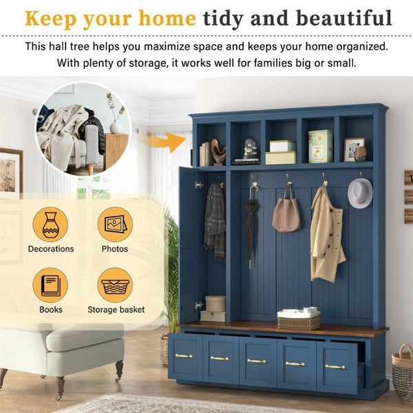 English Elm U-Can White MDF Entryway Hall Tree with Gold Hardware Bench Hooks and Drawer Storage Navy Blue SJ000163AAN