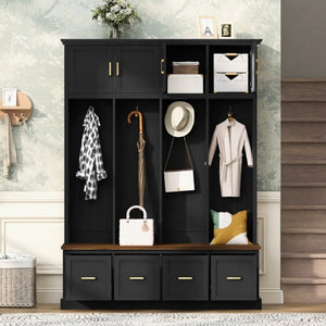 English Elm U-Can Farmhouse Hall Tree with Upper Cabinets Coat Hooks Drawers and Bench Seat Antique Black SJ000164AAB