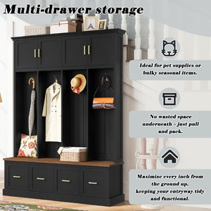English Elm U-Can Farmhouse Hall Tree with Upper Cabinets Coat Hooks Drawers and Bench Seat Antique Black SJ000164AAB