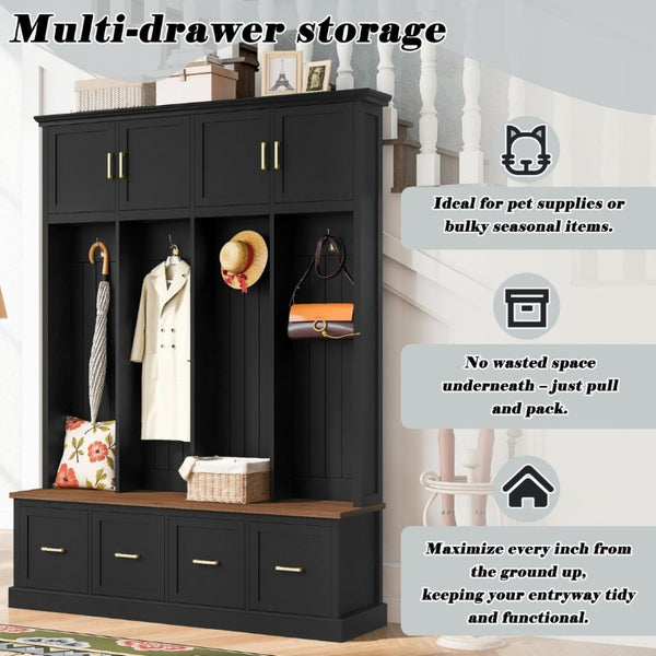 English Elm U-Can Farmhouse Hall Tree with Upper Cabinets Coat Hooks Drawers and Bench Seat Antique Black SJ000164AAB