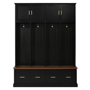 English Elm U-Can Farmhouse Hall Tree with Upper Cabinets Coat Hooks Drawers and Bench Seat Antique Black SJ000164AAB