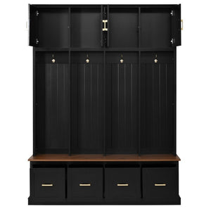 English Elm U-Can Farmhouse Hall Tree with Upper Cabinets Coat Hooks Drawers and Bench Seat Antique Black SJ000164AAB
