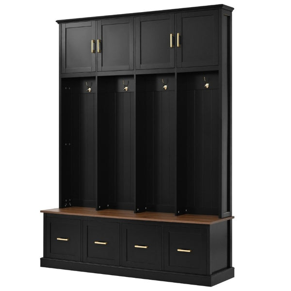 English Elm U-Can Farmhouse Hall Tree with Upper Cabinets Coat Hooks Drawers and Bench Seat Antique Black SJ000164AAB