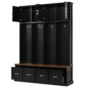 English Elm U-Can Farmhouse Hall Tree with Upper Cabinets Coat Hooks Drawers and Bench Seat Antique Black SJ000164AAB