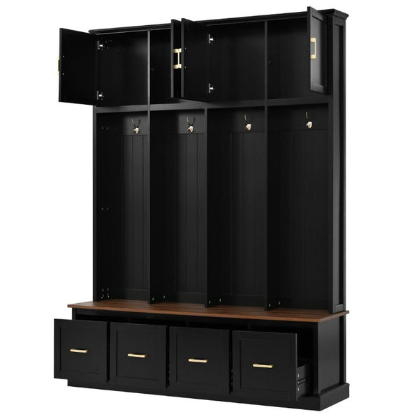 English Elm U-Can Farmhouse Hall Tree with Upper Cabinets Coat Hooks Drawers and Bench Seat Antique Black SJ000164AAB