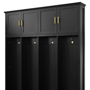 English Elm U-Can Farmhouse Hall Tree with Upper Cabinets Coat Hooks Drawers and Bench Seat Antique Black SJ000164AAB