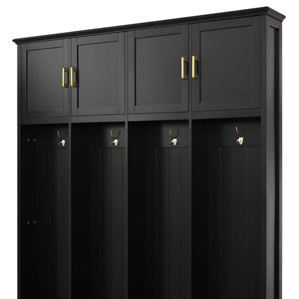 English Elm U-Can Farmhouse Hall Tree with Upper Cabinets Coat Hooks Drawers and Bench Seat Antique Black SJ000164AAB