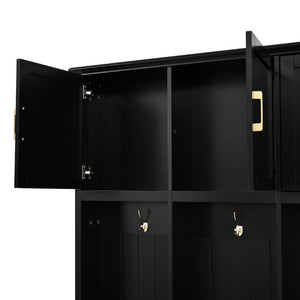English Elm U-Can Farmhouse Hall Tree with Upper Cabinets Coat Hooks Drawers and Bench Seat Antique Black SJ000164AAB