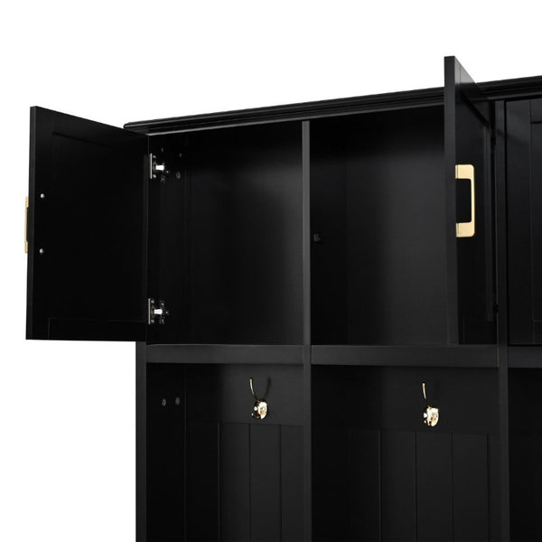 English Elm U-Can Farmhouse Hall Tree with Upper Cabinets Coat Hooks Drawers and Bench Seat Antique Black SJ000164AAB