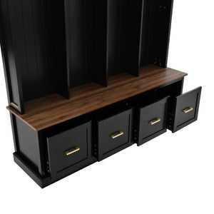 English Elm U-Can Farmhouse Hall Tree with Upper Cabinets Coat Hooks Drawers and Bench Seat Antique Black SJ000164AAB