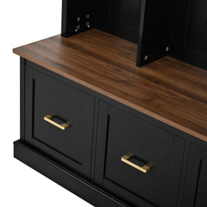 English Elm U-Can Farmhouse Hall Tree with Upper Cabinets Coat Hooks Drawers and Bench Seat Antique Black SJ000164AAB