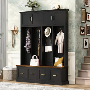 English Elm U-Can Farmhouse Hall Tree with Upper Cabinets Coat Hooks Drawers and Bench Seat Antique Black SJ000164AAB