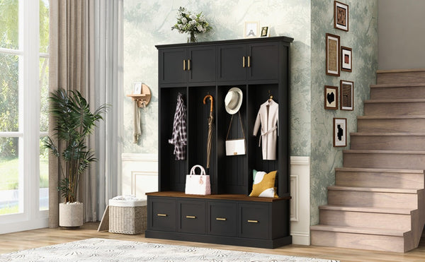 English Elm U-Can Farmhouse Hall Tree with Upper Cabinets Coat Hooks Drawers and Bench Seat Antique Black SJ000164AAB