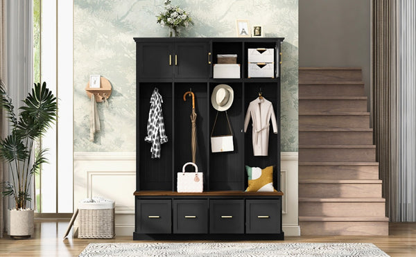 English Elm U-Can Farmhouse Hall Tree with Upper Cabinets Coat Hooks Drawers and Bench Seat Antique Black SJ000164AAB