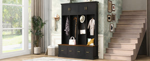 English Elm U-Can Farmhouse Hall Tree with Upper Cabinets Coat Hooks Drawers and Bench Seat Antique Black SJ000164AAB