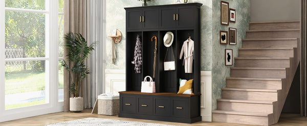 English Elm U-Can Farmhouse Hall Tree with Upper Cabinets Coat Hooks Drawers and Bench Seat Antique Black SJ000164AAB