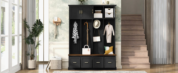 English Elm U-Can Farmhouse Hall Tree with Upper Cabinets Coat Hooks Drawers and Bench Seat Antique Black SJ000164AAB