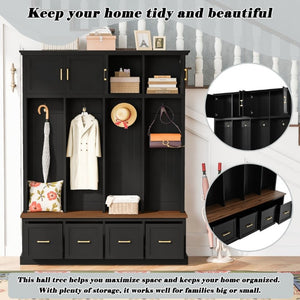 English Elm U-Can Farmhouse Hall Tree with Upper Cabinets Coat Hooks Drawers and Bench Seat Antique Black SJ000164AAB
