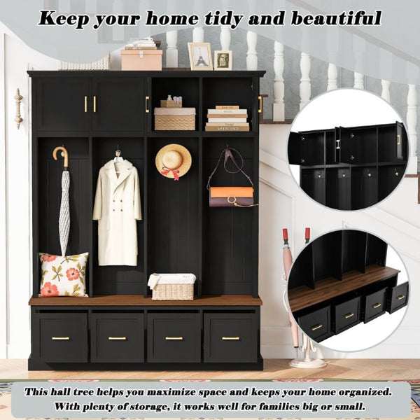 English Elm U-Can Farmhouse Hall Tree with Upper Cabinets Coat Hooks Drawers and Bench Seat Antique Black SJ000164AAB