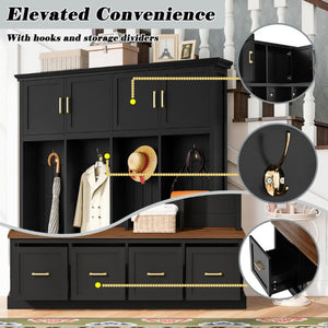 English Elm U-Can Farmhouse Hall Tree with Upper Cabinets Coat Hooks Drawers and Bench Seat Antique Black SJ000164AAB