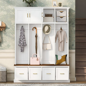 English Elm U-Can Farmhouse Hall Tree with Upper Cabinets Coat Hooks Drawers and Bench Seat Ancient White SJ000164AAK