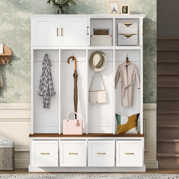 English Elm U-Can Farmhouse Hall Tree with Upper Cabinets Coat Hooks Drawers and Bench Seat Ancient White SJ000164AAK