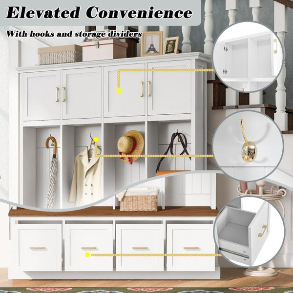 English Elm U-Can Farmhouse Hall Tree with Upper Cabinets Coat Hooks Drawers and Bench Seat Ancient White SJ000164AAK