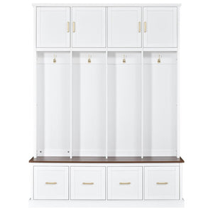 English Elm U-Can Farmhouse Hall Tree with Upper Cabinets Coat Hooks Drawers and Bench Seat Ancient White SJ000164AAK