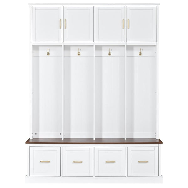 English Elm U-Can Farmhouse Hall Tree with Upper Cabinets Coat Hooks Drawers and Bench Seat Ancient White SJ000164AAK