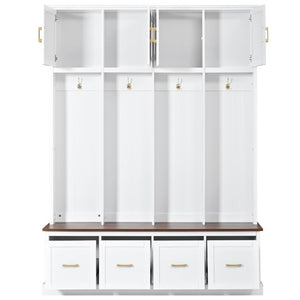 English Elm U-Can Farmhouse Hall Tree with Upper Cabinets Coat Hooks Drawers and Bench Seat Ancient White SJ000164AAK