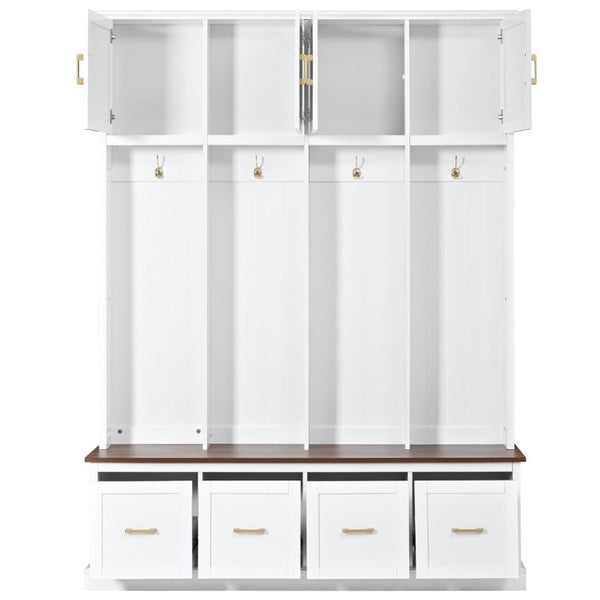 English Elm U-Can Farmhouse Hall Tree with Upper Cabinets Coat Hooks Drawers and Bench Seat Ancient White SJ000164AAK