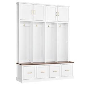 English Elm U-Can Farmhouse Hall Tree with Upper Cabinets Coat Hooks Drawers and Bench Seat Ancient White SJ000164AAK