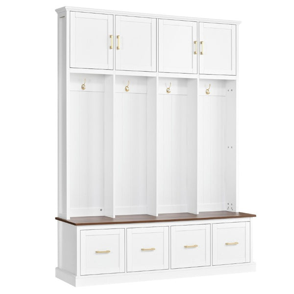 English Elm U-Can Farmhouse Hall Tree with Upper Cabinets Coat Hooks Drawers and Bench Seat Ancient White SJ000164AAK