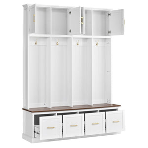 English Elm U-Can Farmhouse Hall Tree with Upper Cabinets Coat Hooks Drawers and Bench Seat Ancient White SJ000164AAK