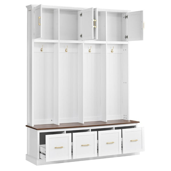 English Elm U-Can Farmhouse Hall Tree with Upper Cabinets Coat Hooks Drawers and Bench Seat Ancient White SJ000164AAK