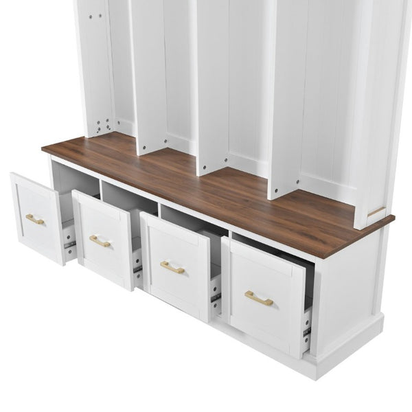English Elm U-Can Farmhouse Hall Tree with Upper Cabinets Coat Hooks Drawers and Bench Seat Ancient White SJ000164AAK