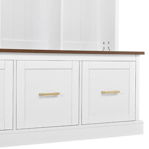 English Elm U-Can Farmhouse Hall Tree with Upper Cabinets Coat Hooks Drawers and Bench Seat Ancient White SJ000164AAK