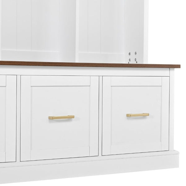 English Elm U-Can Farmhouse Hall Tree with Upper Cabinets Coat Hooks Drawers and Bench Seat Ancient White SJ000164AAK