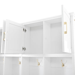 English Elm U-Can Farmhouse Hall Tree with Upper Cabinets Coat Hooks Drawers and Bench Seat Ancient White SJ000164AAK