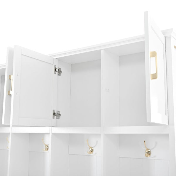 English Elm U-Can Farmhouse Hall Tree with Upper Cabinets Coat Hooks Drawers and Bench Seat Ancient White SJ000164AAK
