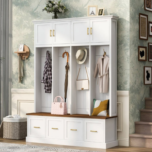 English Elm U-Can Farmhouse Hall Tree with Upper Cabinets Coat Hooks Drawers and Bench Seat Ancient White SJ000164AAK