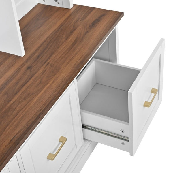 English Elm U-Can Farmhouse Hall Tree with Upper Cabinets Coat Hooks Drawers and Bench Seat Ancient White SJ000164AAK