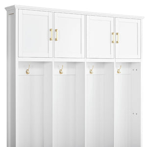 English Elm U-Can Farmhouse Hall Tree with Upper Cabinets Coat Hooks Drawers and Bench Seat Ancient White SJ000164AAK