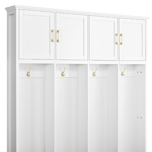 English Elm U-Can Farmhouse Hall Tree with Upper Cabinets Coat Hooks Drawers and Bench Seat Ancient White SJ000164AAK