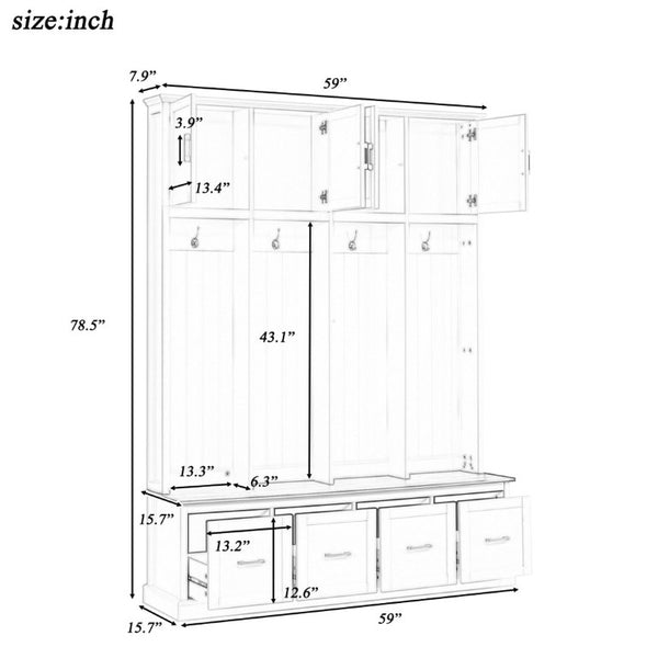 English Elm U-Can Farmhouse Hall Tree with Upper Cabinets Coat Hooks Drawers and Bench Seat Ancient White SJ000164AAK