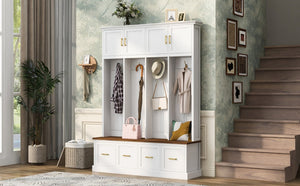 English Elm U-Can Farmhouse Hall Tree with Upper Cabinets Coat Hooks Drawers and Bench Seat Ancient White SJ000164AAK