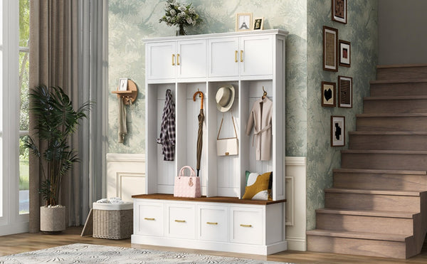 English Elm U-Can Farmhouse Hall Tree with Upper Cabinets Coat Hooks Drawers and Bench Seat Ancient White SJ000164AAK