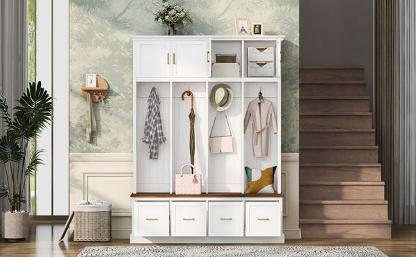 English Elm U-Can Farmhouse Hall Tree with Upper Cabinets Coat Hooks Drawers and Bench Seat Ancient White SJ000164AAK