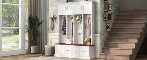 English Elm U-Can Farmhouse Hall Tree with Upper Cabinets Coat Hooks Drawers and Bench Seat Ancient White SJ000164AAK